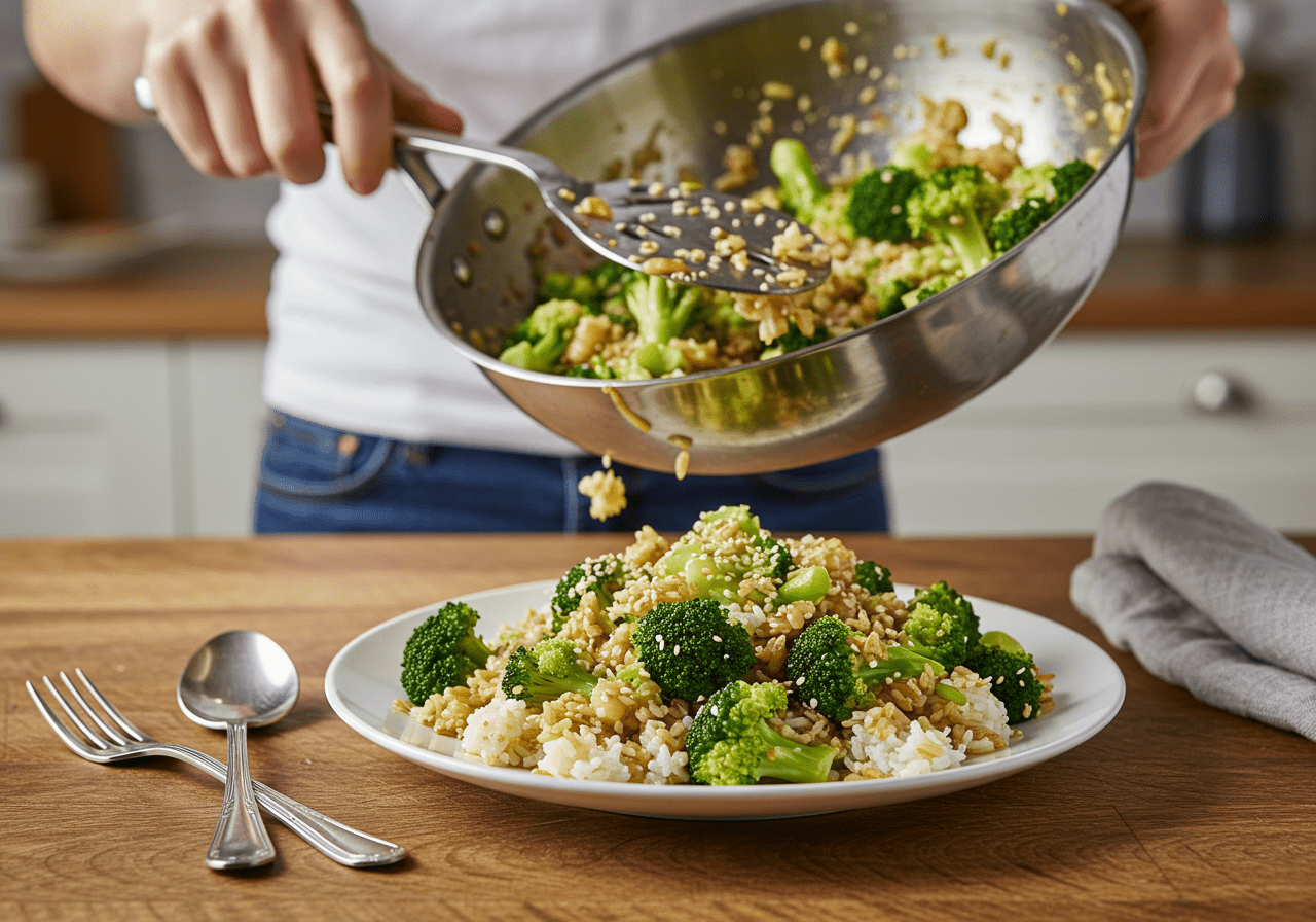 Serving Brokkoli-Reis-Pfanne on a plate, garnished with sesame seeds.