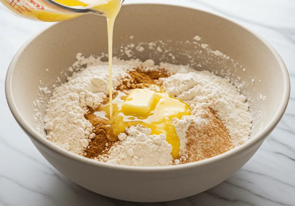 Mehl, Zucker und Zimt werden in einer Schüssel mit geschmolzener Butter vermischt für den Apfelkuchen.