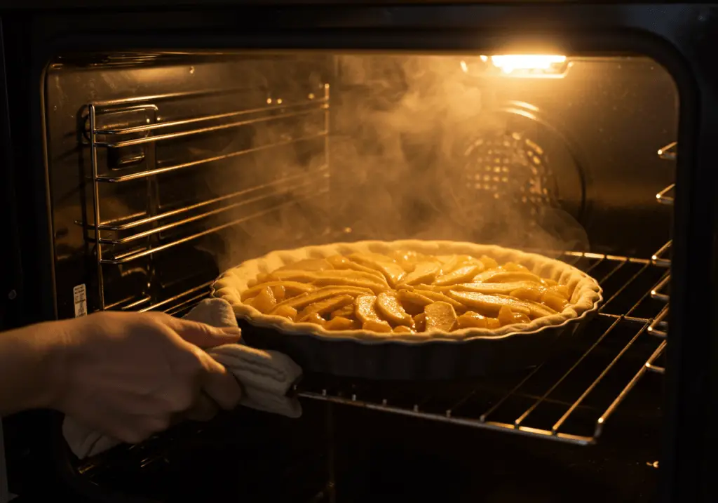 Der Apfelkuchen wird in den vorgeheizten Ofen geschoben und gebacken.