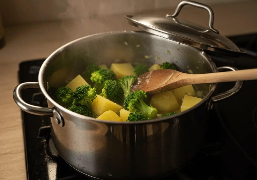 Brokkoli und Kartoffeln köcheln in einem Topf für die Brokkoli Kartoffelsuppe.