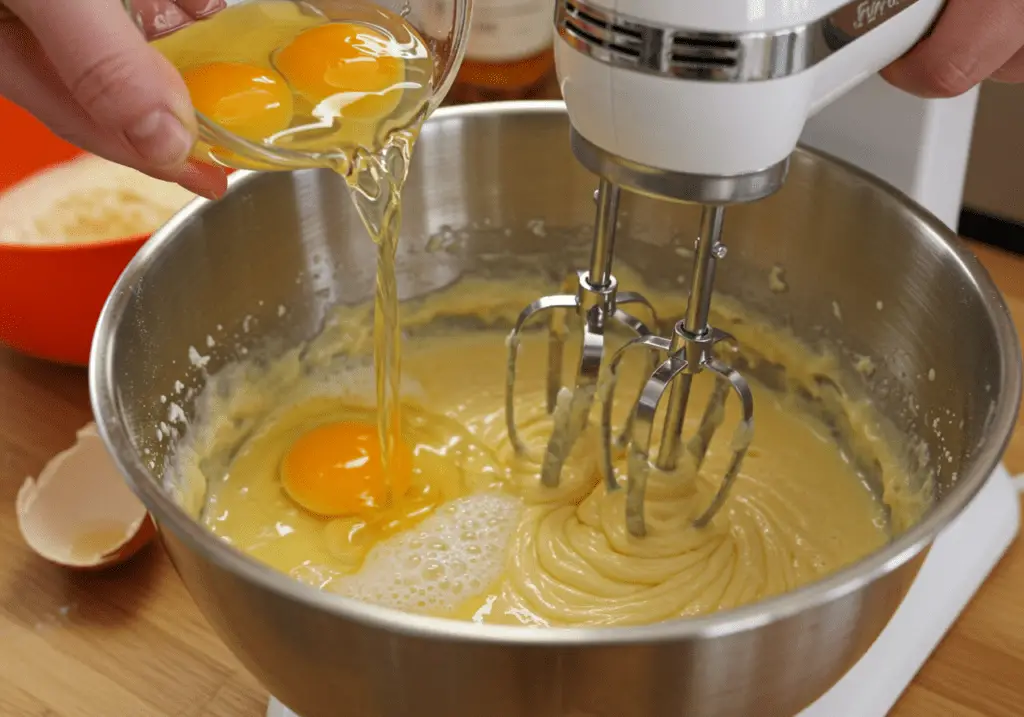 Eier werden in die Rührschüssel gegeben für den cremigen Orangen Käsekuchen.