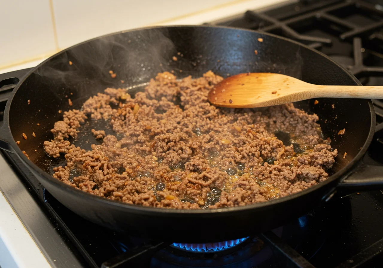 Hackfleisch wird in einer großen Pfanne gebraten für das Rezept der deftigen Hackfleisch Reis Pfanne.