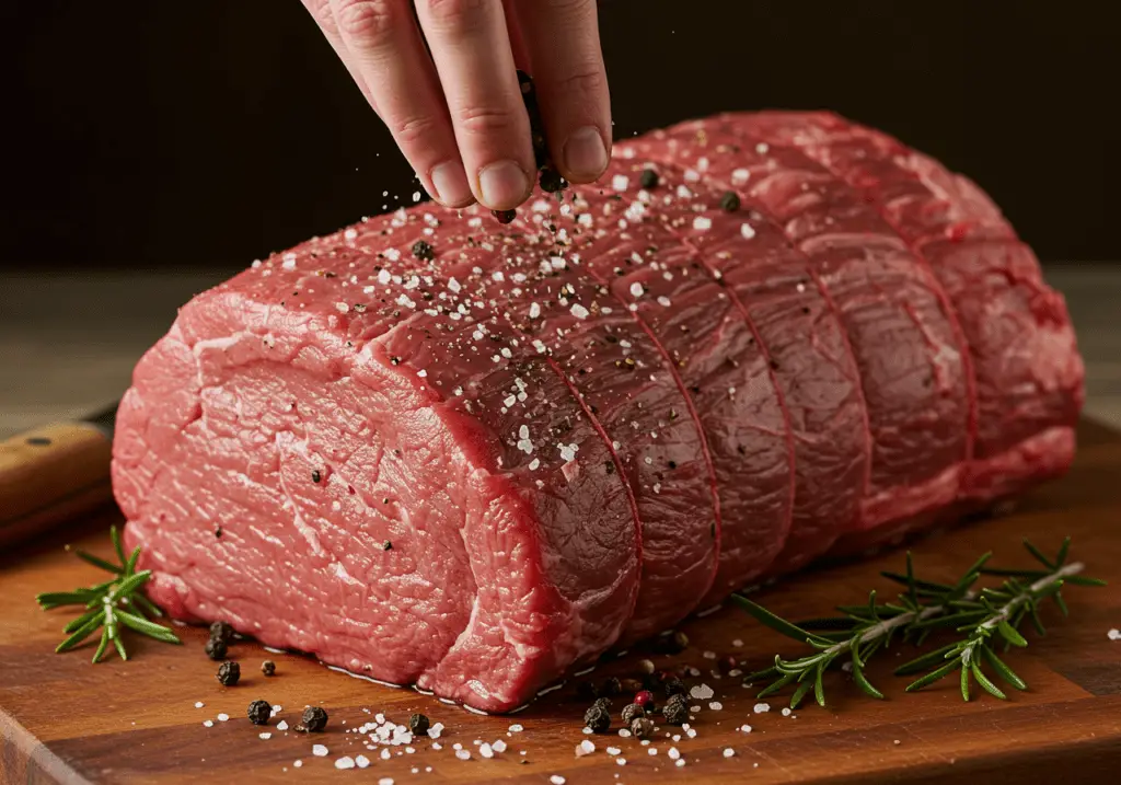 Beef roast seasoned with salt, pepper, and rosemary for Der allerbeste Salzbraten.