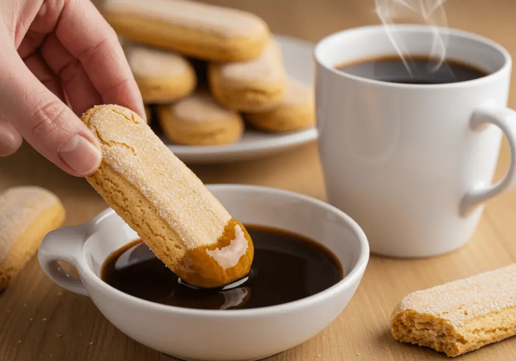 Savoiardi cookies being soaked in coffee for Tiramisu dessert preparation.