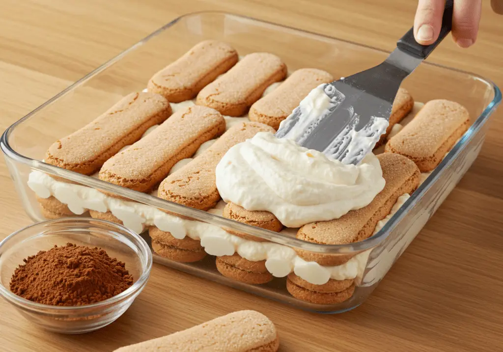 Assembling layers of Tiramisu dessert with ricotta and soaked cookies.