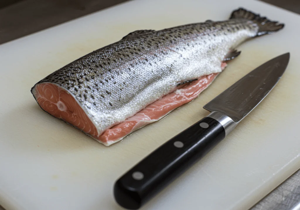 Frisches Forellenfilet auf einem Schneidebrett für elegantes Forellenfilet mit Dill.