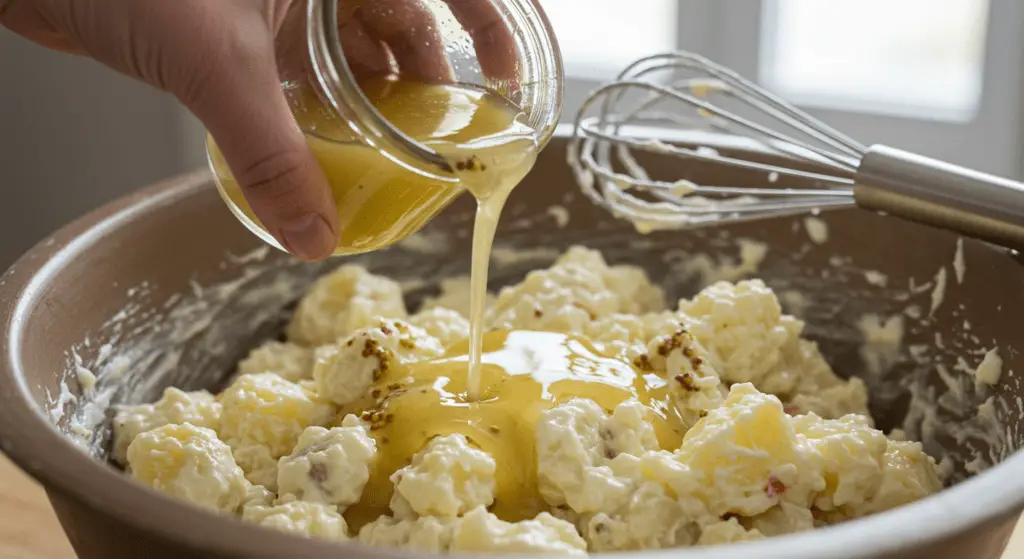 Eine Würzmischung aus Essig, Senf und Brühe wird über den Kartoffelsalat gegeben.