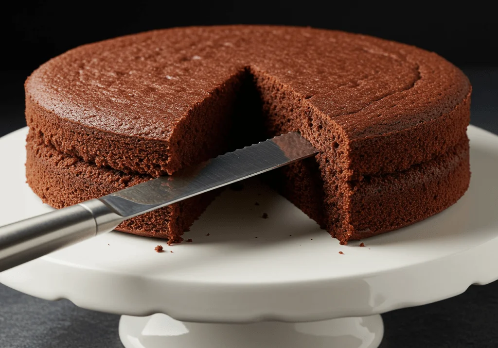 Chocolate sponge cake prepared for layering in a Fruchtige Schwarzwälder Kirschtorte.