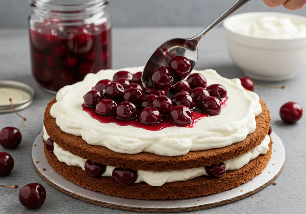 Dark cherries in syrup added to the whipped cream layer of Schwarzwälder Kirschtorte.