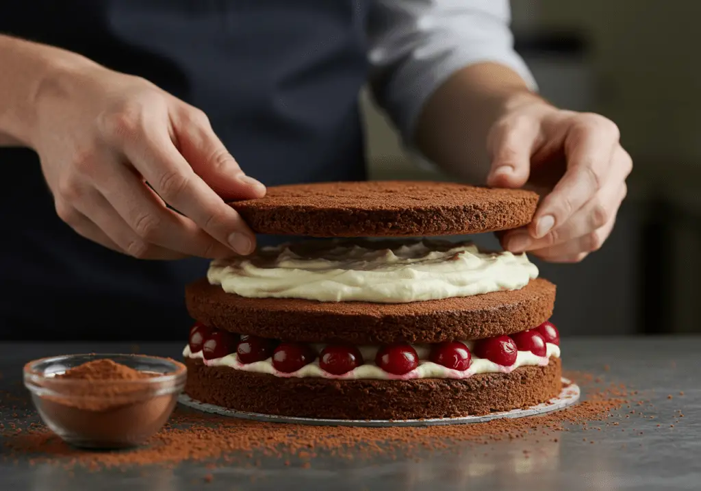 Second chocolate cake layer placed on cherries and cream for Schwarzwälder Kirschtorte.