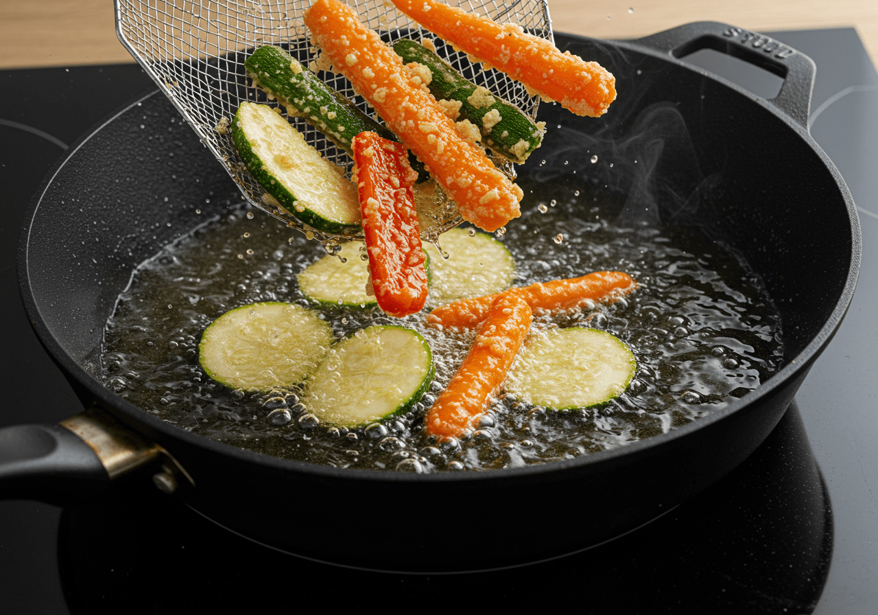 Gemüse in Tempurateig wird in heißem Öl frittiert, perfekt für gebratenes Gemüse in Tempura.