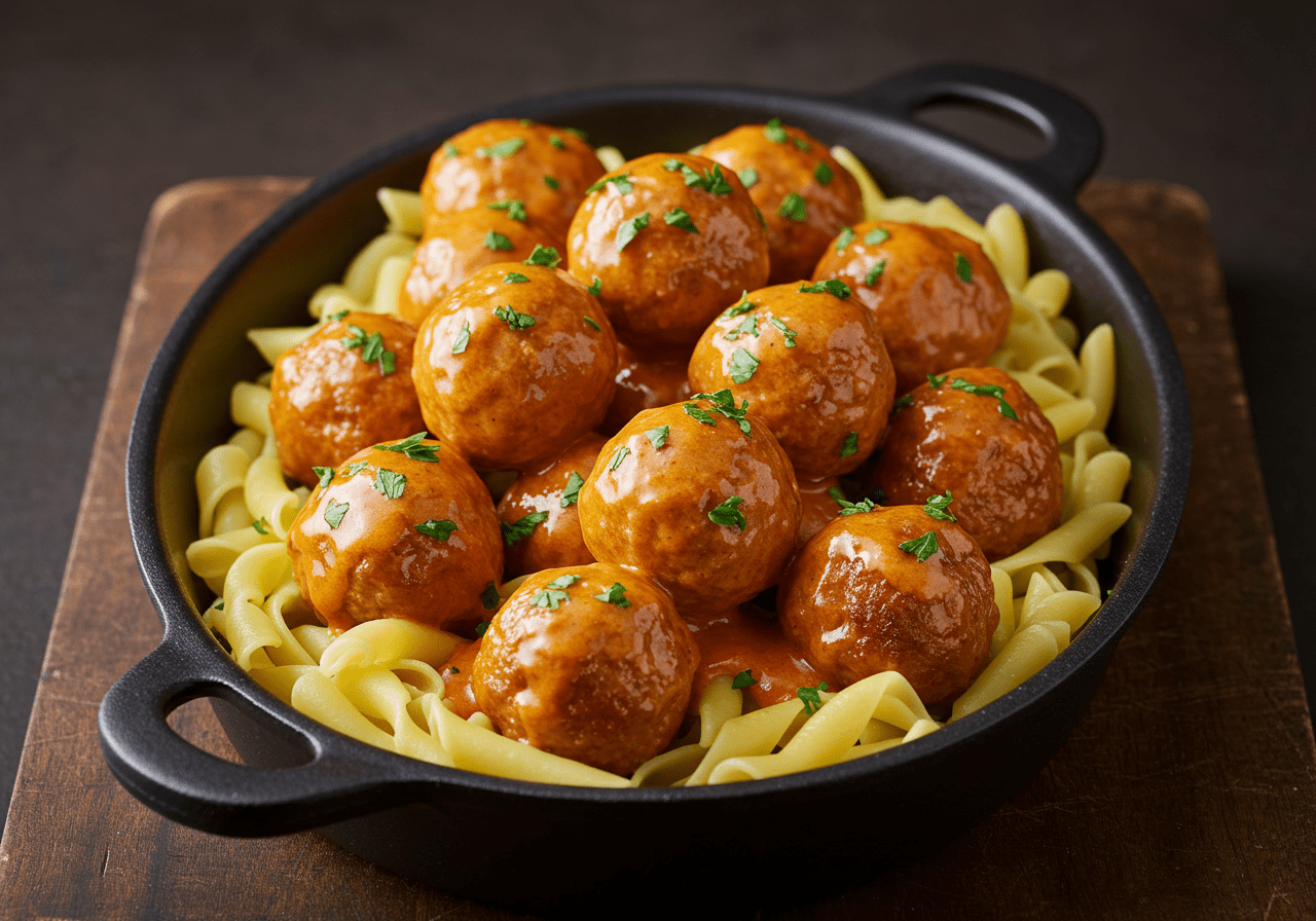 Finished Hackbällchen in creamy paprika sauce, perfect for a comforting meal.