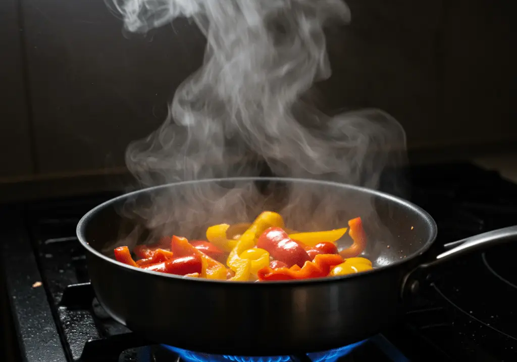 Sautéing bell peppers for creamy paprika sauce in Hackbällchen recipe.