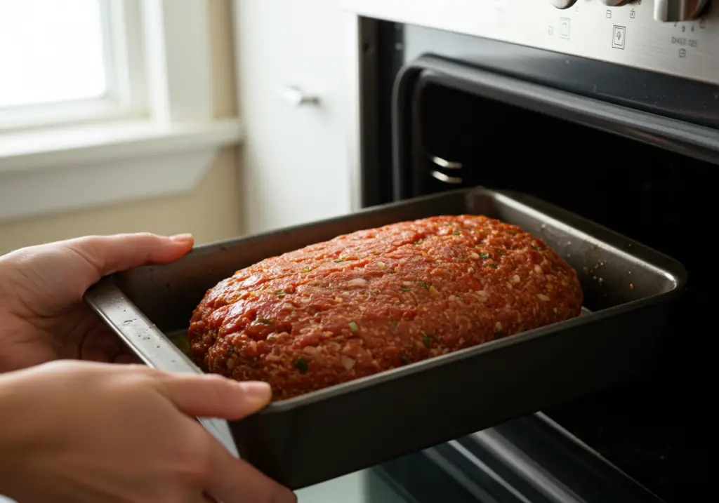 Meatloaf shape of Hackbraten Helene à la Elli being set in a baking dish.