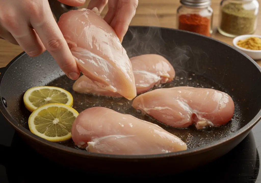 Chicken breasts sizzling in olive oil for Hähnchen in Zitronen-Spinat-Sauce mit Oliven recipe.