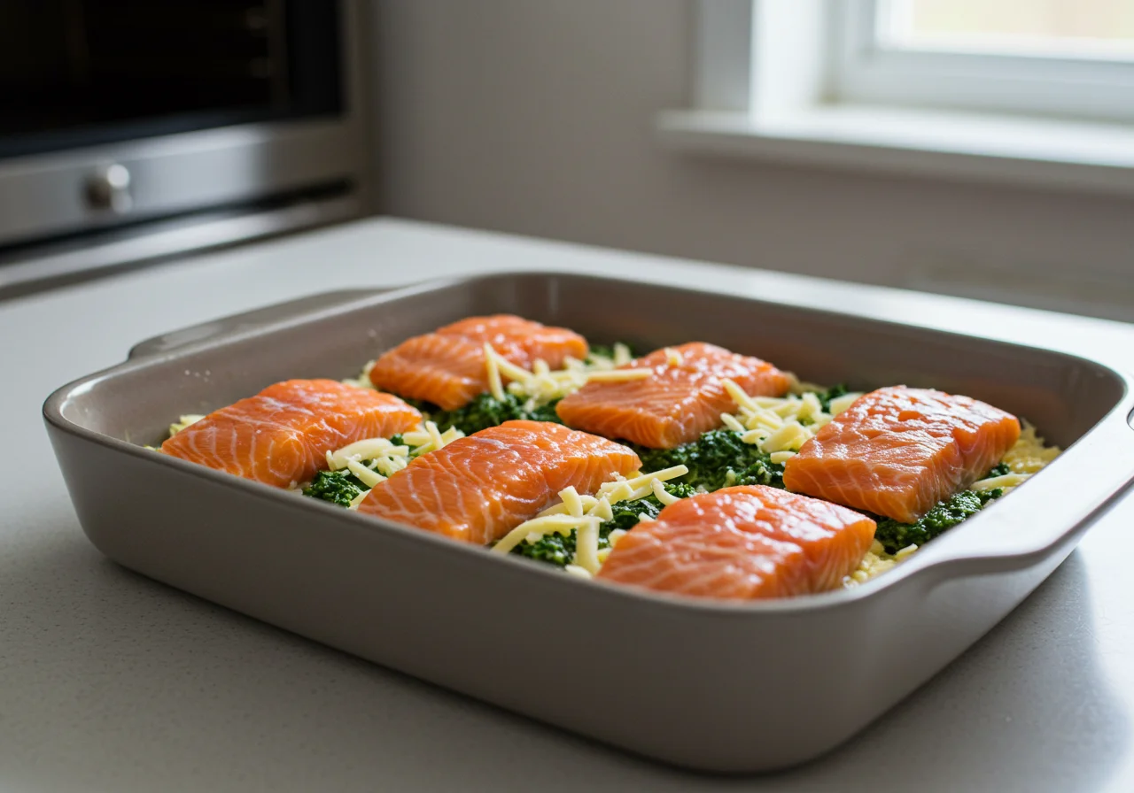 Backform mit Lachs und Spinat-Pasta für den Ofen vorbereitet.