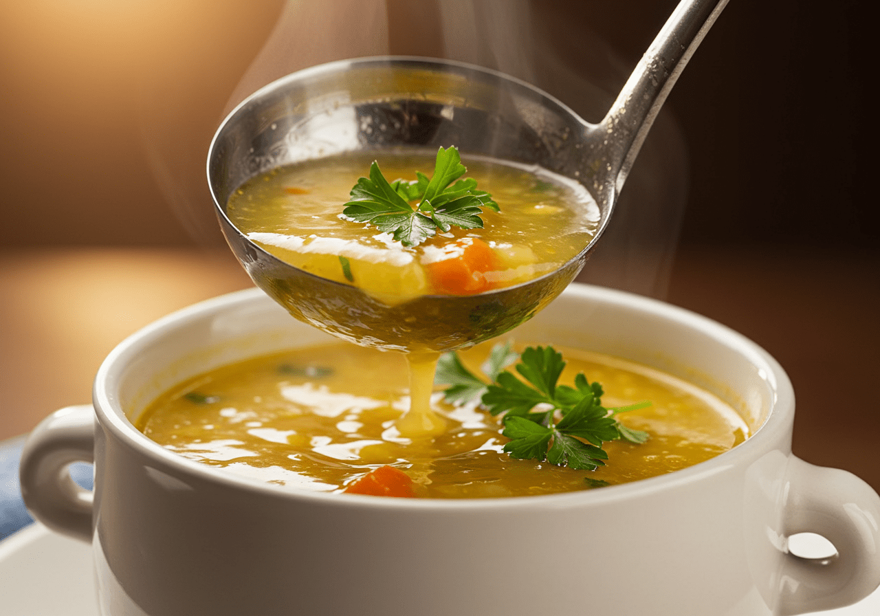 Fertige Hochzeitssuppe mit Rindfleisch wird in eine Schüssel gefüllt, garniert mit frischer Petersilie.