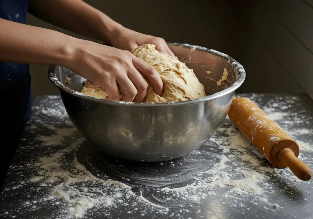 Teig wird von Hand für Käse Knoblauch Zupfbrot geknetet, mit Mehl auf der Arbeitsfläche.