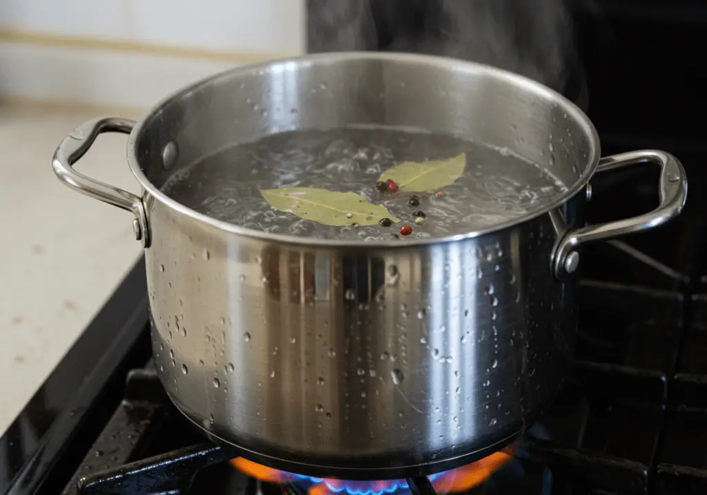 Wasser mit Lorbeerblättern und Pfefferkörnern zum Kochen der Königsberger Klopse.