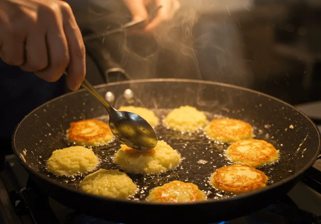 Potato pancakes being fried in hot oil for Kartoffelpuffer.