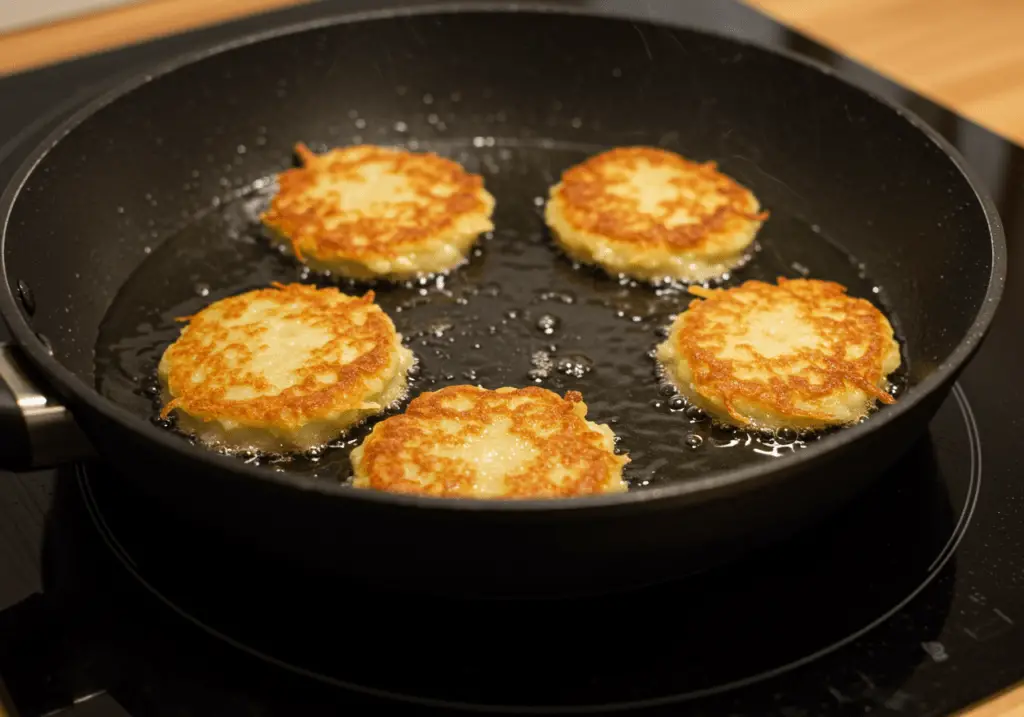 Heating oil in a skillet for frying Kartoffelpuffer.