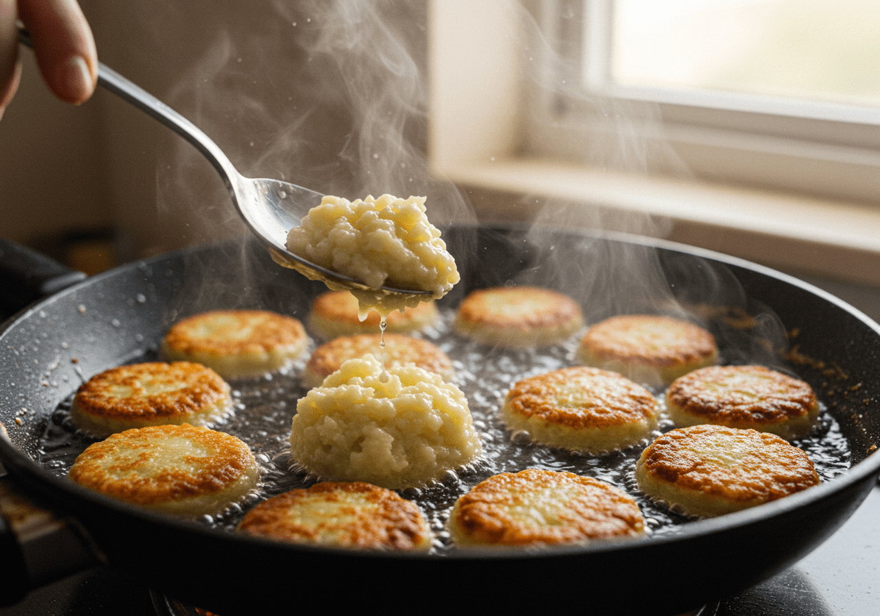 Frying Kartoffelpuffer in a hot skillet until golden brown.