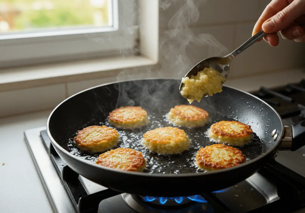 Kartoffelpuffer werden in heißem Öl in einer Pfanne goldbraun gebraten.
