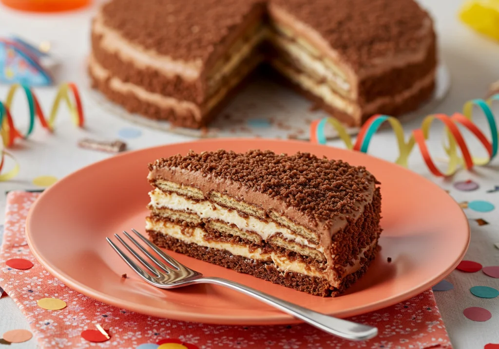 Slice of Kinder-Milch-Sandwich-Kuchen served on a plate, highlighting its delicious layers and festive decoration.