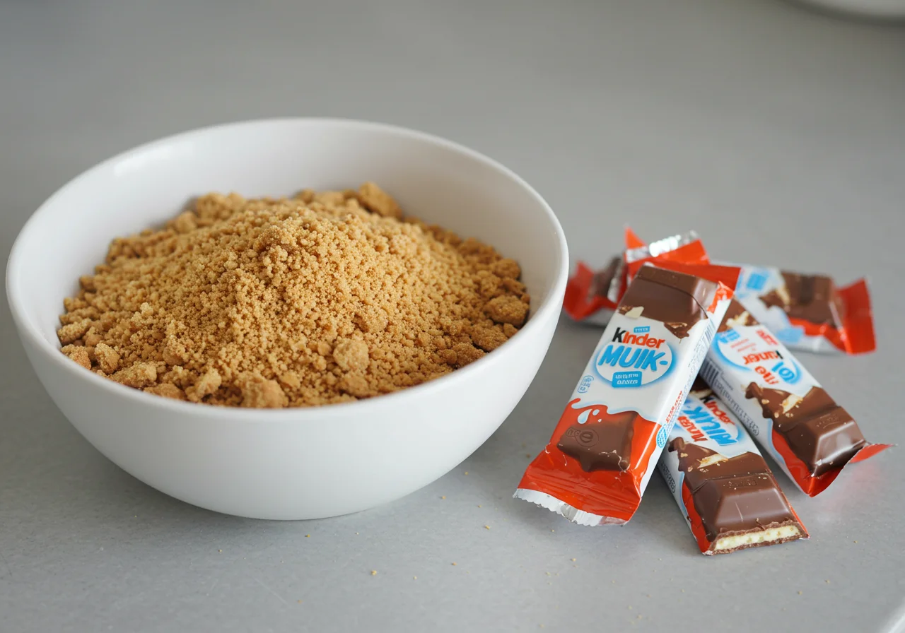 Crushed biscuits and Kinder chocolate bars ready to make the base for Kinder-Milch-Sandwich-Kuchen.