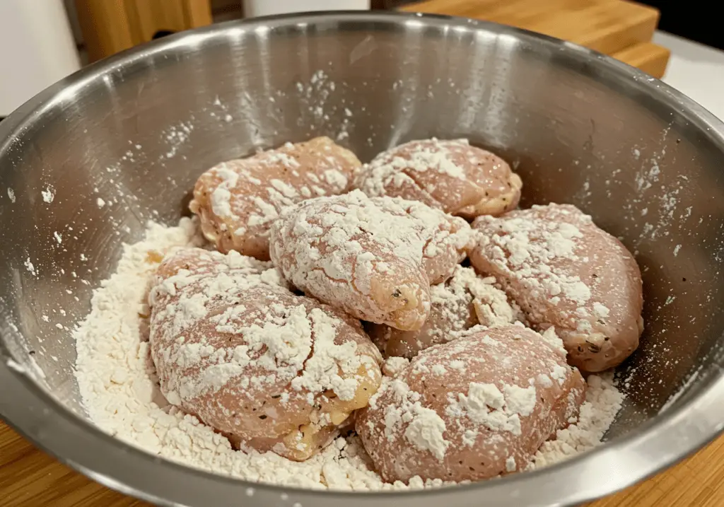 Hähnchenstücke in einer Schüssel mit Mehl gewürzt für knuspriges Hähnchen.