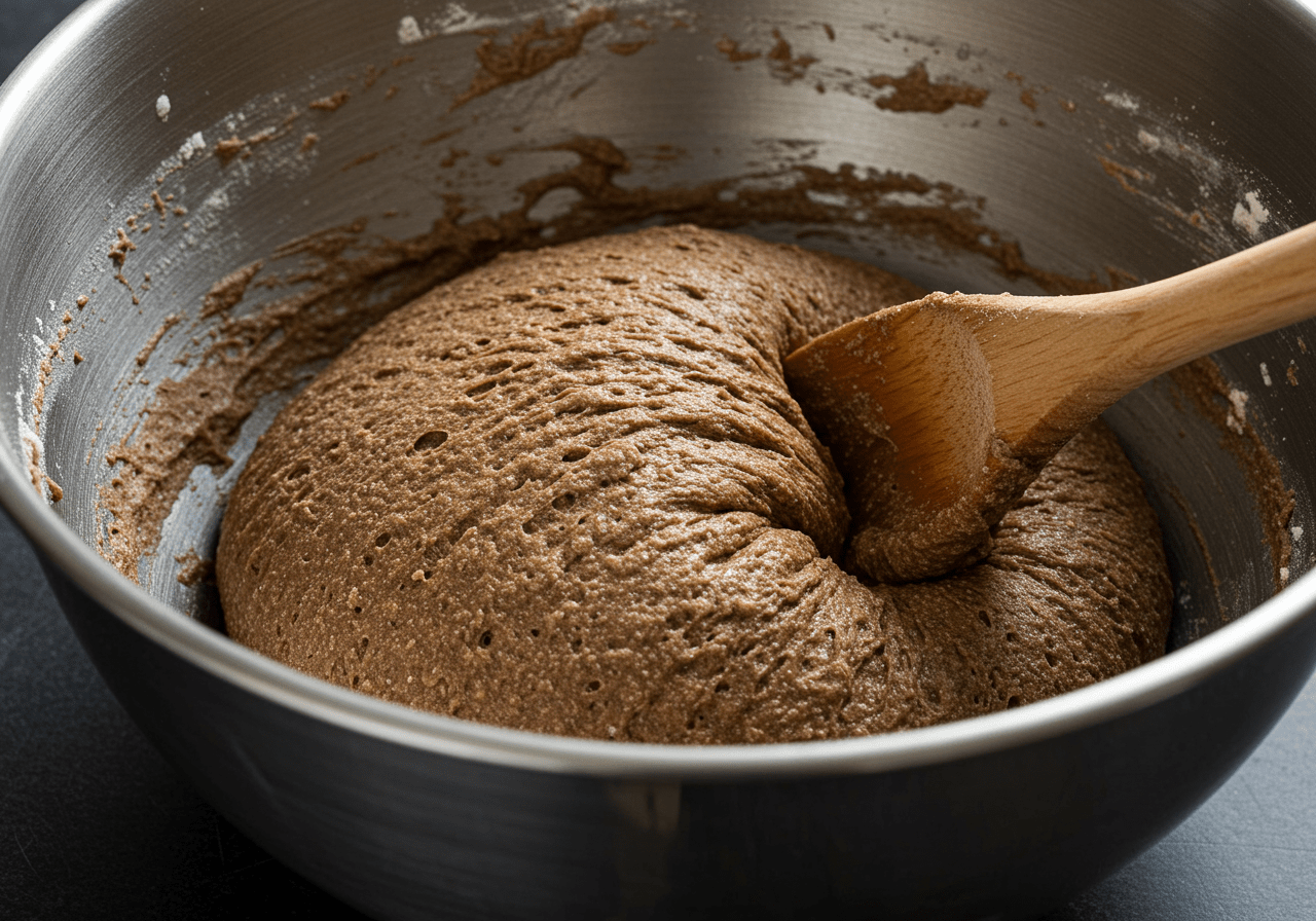 Teig für Schwarzbrot wird in einer Schüssel gemischt.