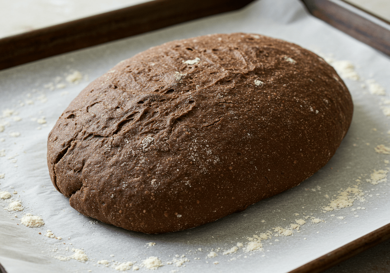 Geformter Teig für Schwarzbrot auf einem Backblech.