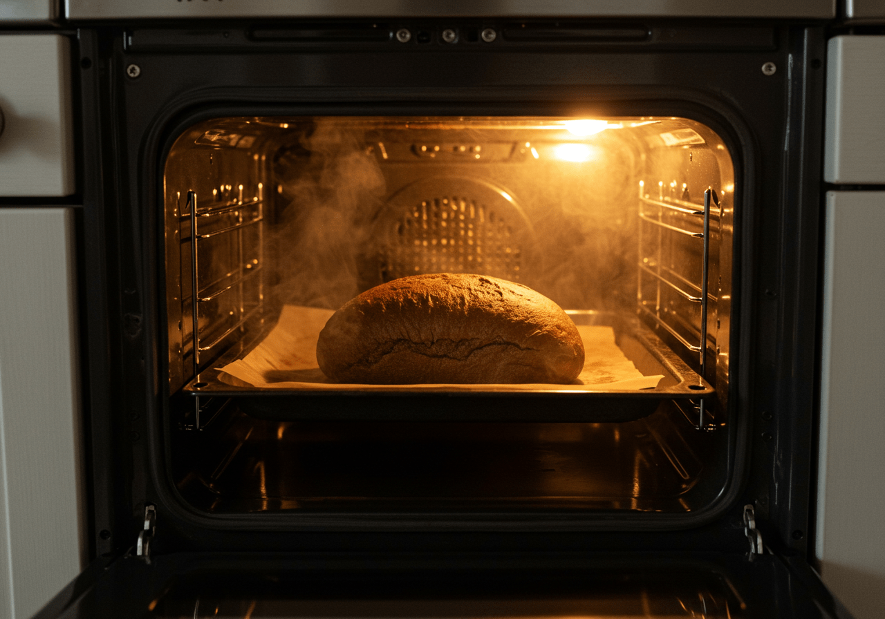 Schwarzbrot backt im Ofen und entwickelt eine krustige Kruste.