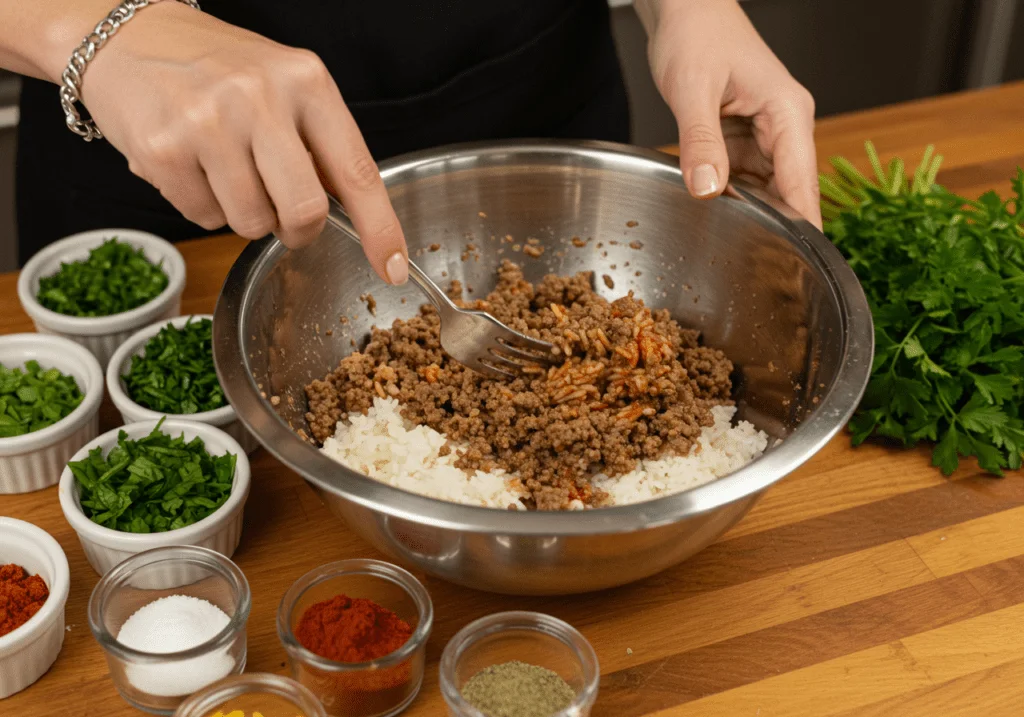 Hackfleisch und Reis Mischung für gefüllte Paprika wird in einer Schüssel zubereitet.