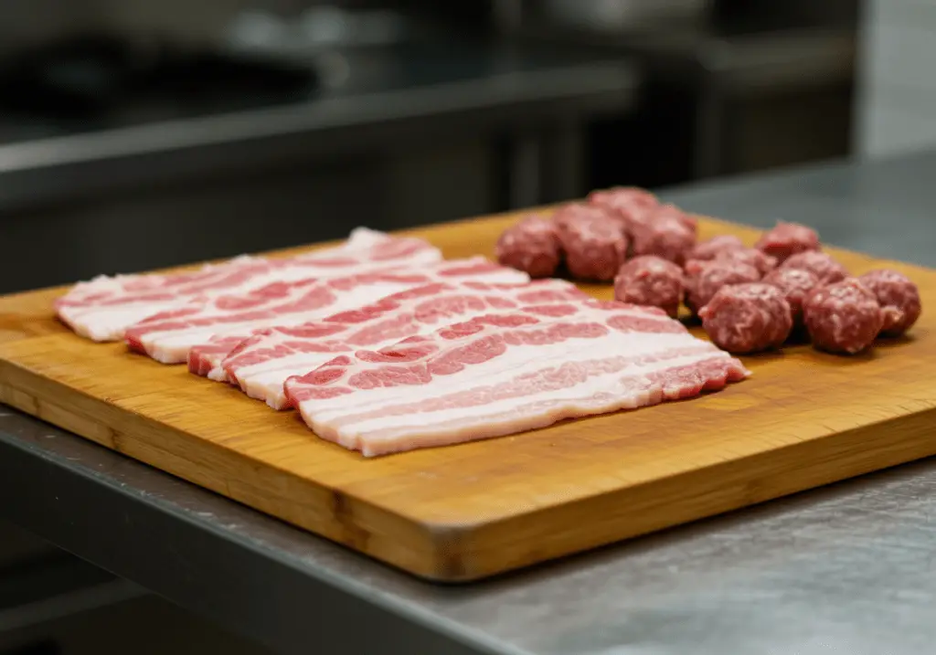 Dünn geschnittener Schweinebauch und Wurstfleisch für die Zubereitung von Pfälzer Saumagenröllchen.