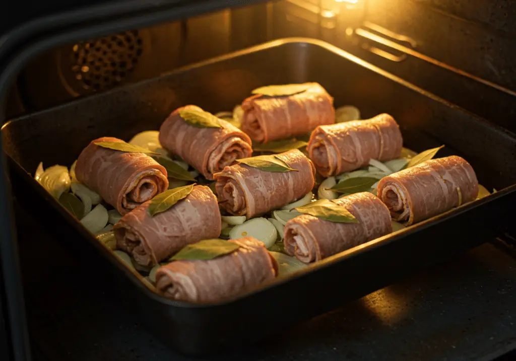 Gerollte Saumagenröllchen im Backofen mit Zwiebeln und Lorbeerblättern.