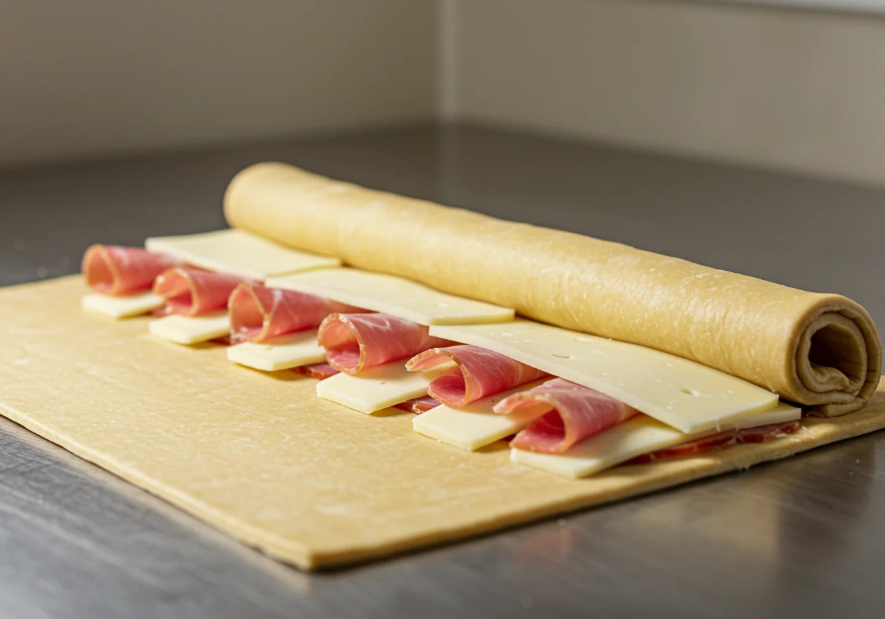 Ham and cheese arranged on puff pastry to make delicious schinken käse croissants.