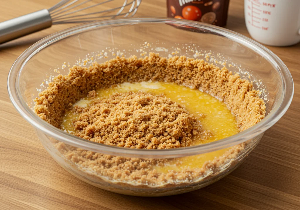 Crushed biscuit crumbs mixed with melted butter for Maltesers cake crust preparation.