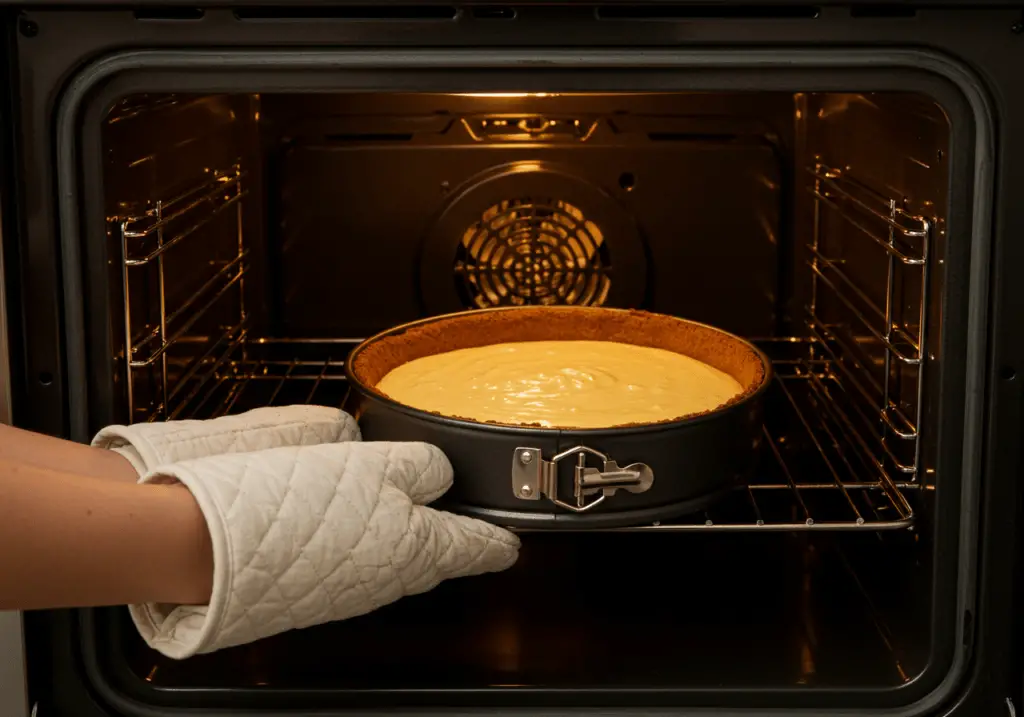 Mascarpone-Käsekuchen being baked in the oven.