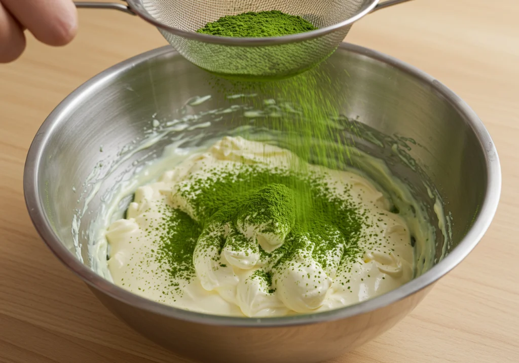 Sifting matcha powder into the cream cheese mixture for Matcha-Käsekuchen.
