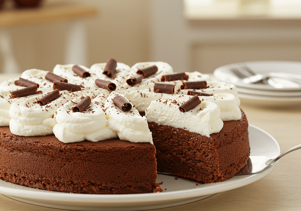 Finished No-Bake Kit Kat Kuchen with whipped cream and chocolate shavings, perfect for dessert.