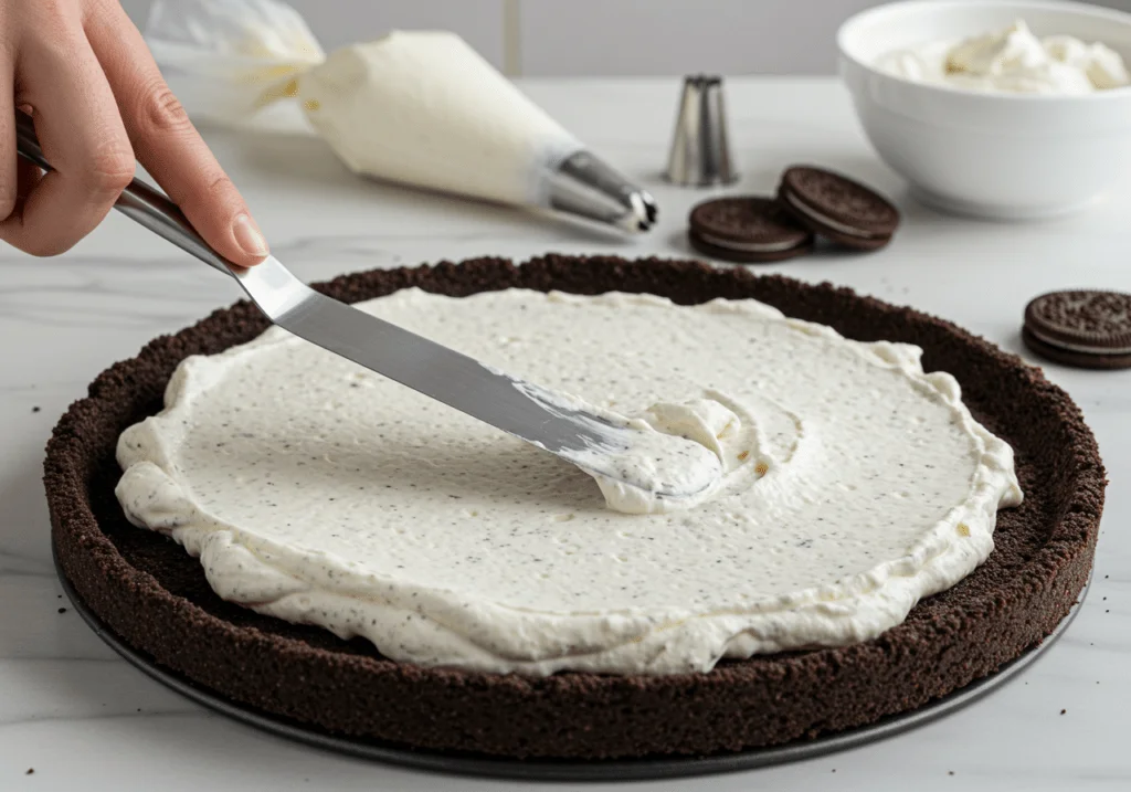 Oreo-Kuchen mit Sahnecreme-Schicht, die auf dem Keksboden verteilt wird.