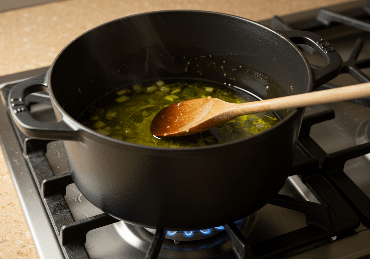 Pot heating with olive oil for sautéing vegetables in Pikante Kartoffelsuppe der Natur.