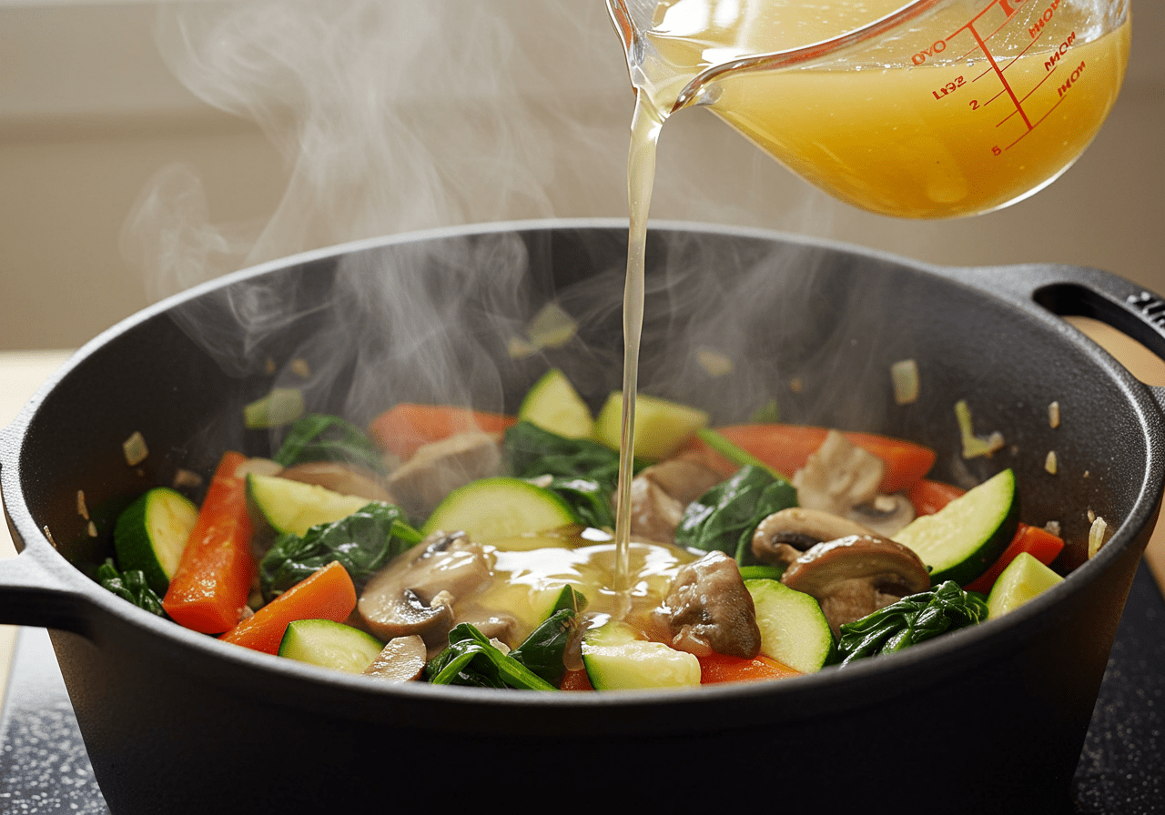 Broth being added to sautéed vegetables for Pikante Kartoffelsuppe der Natur.
