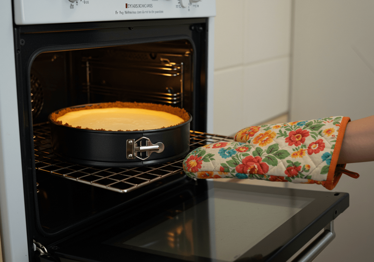 Pistazien-Käsekuchen wird im Ofen gebacken, während ein Ofenhandschuh zu sehen ist.