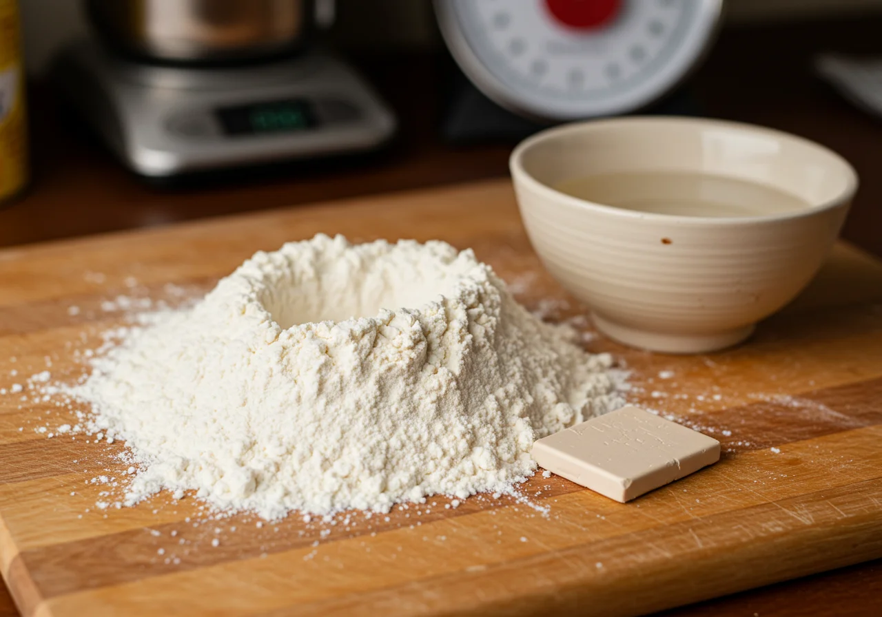 Zutaten für den Pizzabrezelteig auf einem Holzbrett vorbereitet.