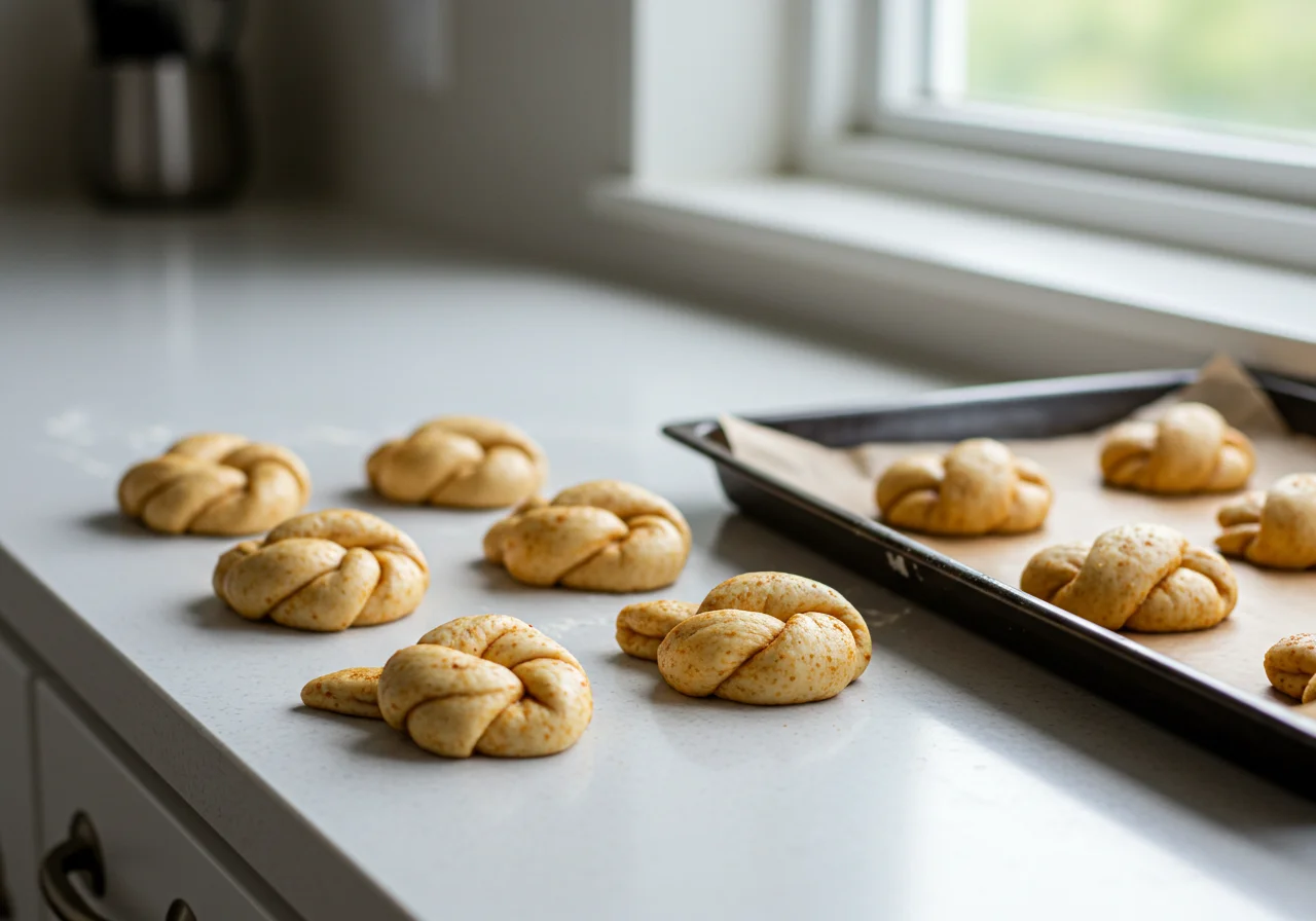 Formen von Pizzabrezel-Knoten aus dem ausgerollten Teig auf einer Arbeitsfläche.