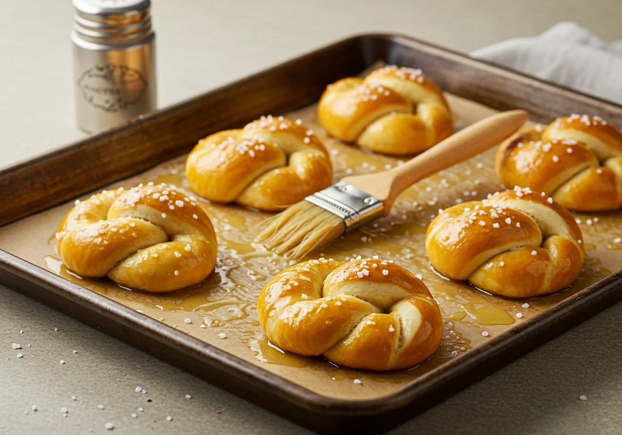 Blech mit Pizzabrezel-Knoten, die mit Ei bestrichen und mit Salz bestreut werden.