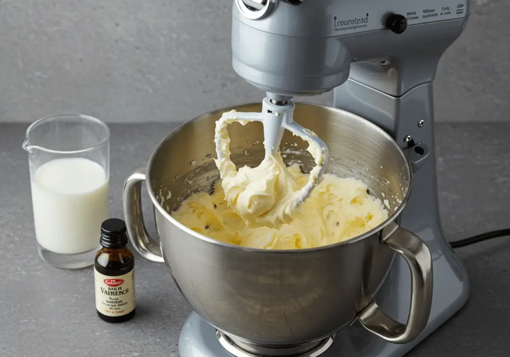 Butter und Zucker werden in einer Küchenmaschine für den Mohnkuchen cremig gerührt.