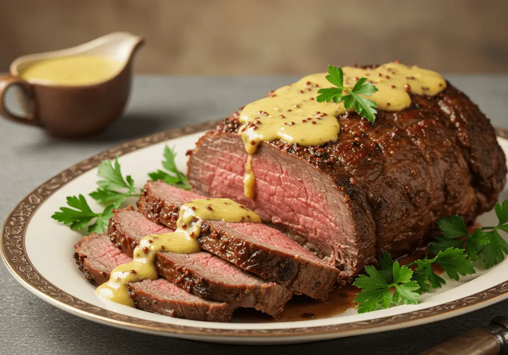 Finished Rheinischer Senfsauce Rinderbraten with creamy mustard sauce, garnished with parsley.